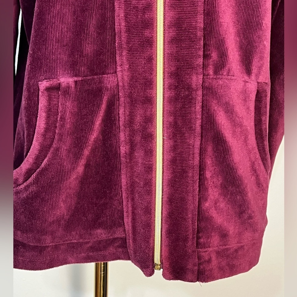 Susan Graver Velvet Burgundy Zip Up Hooded Sweater Jacket Cotton Size Large - Picture 3 of 13